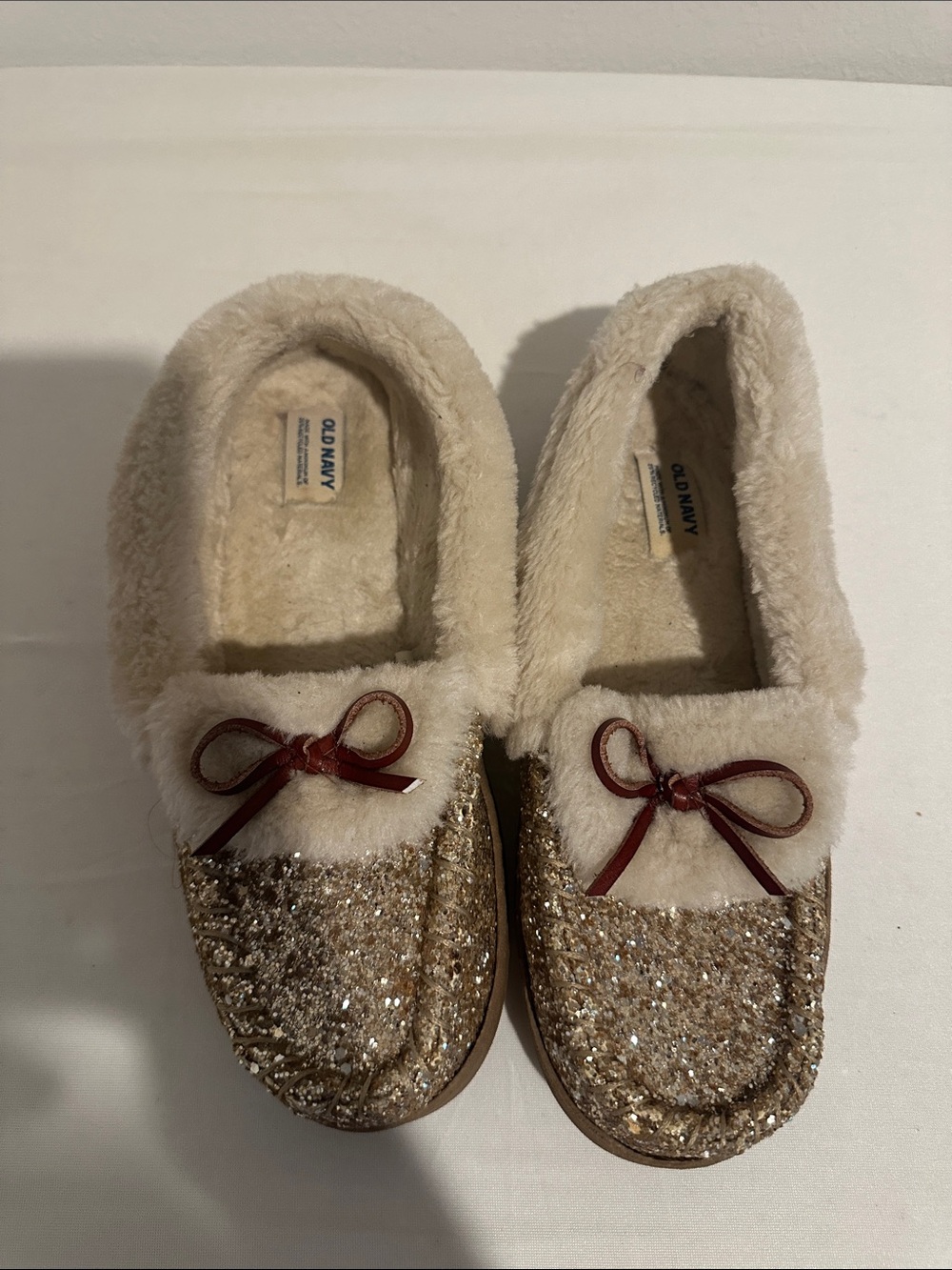 Old Navy Gold Glitter Kids Moccasin Slippers with Red Bow